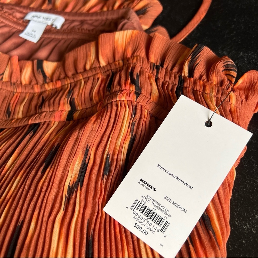 NINE WEST M RUST ORANGE BLACK IKAT LEOPARD PLEAT SMOCKED RUFFLE TANK TOP NWT - Picture 12 of 14